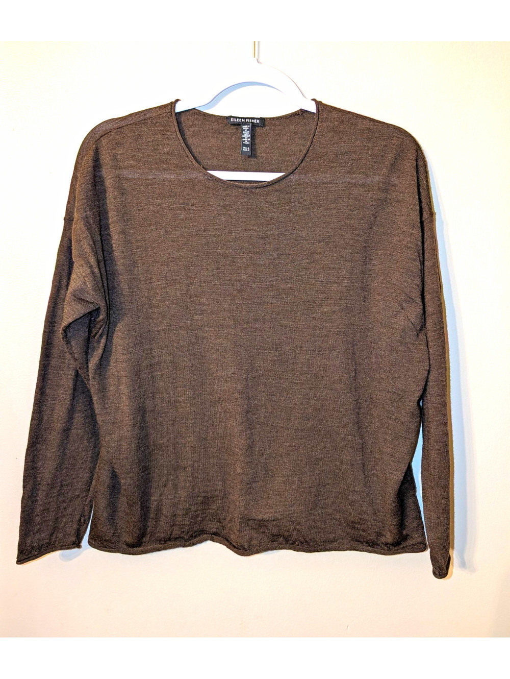 Eileen Fisher Sweater Brown 100% Merino Wool Knit Scoop Neck Long Sleeve Sz S
